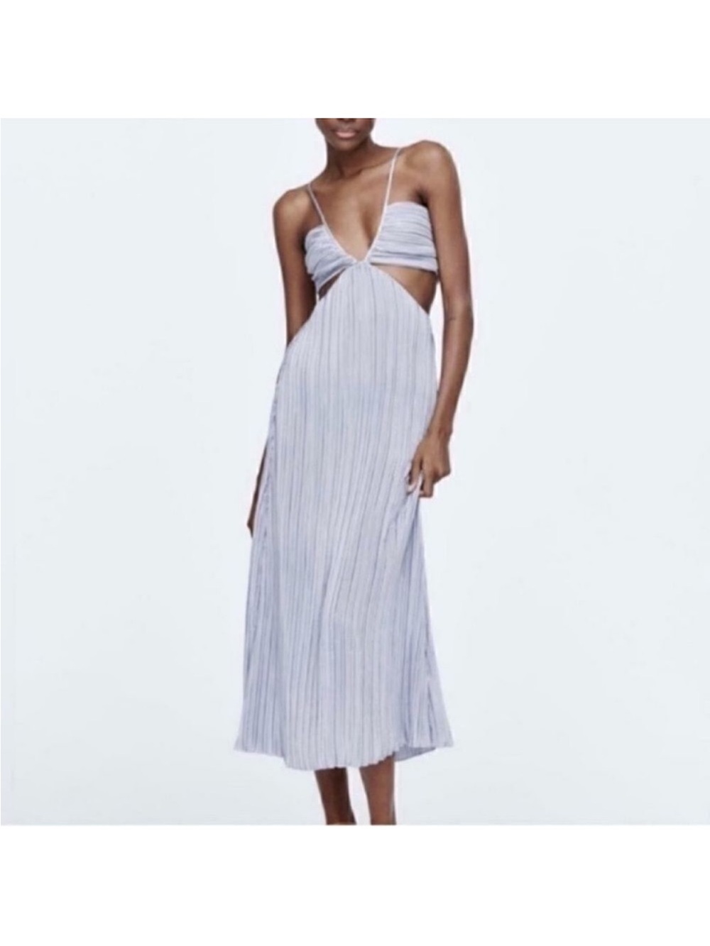 Zara Pale Blue pleated Cutout Midi Dress M summer
